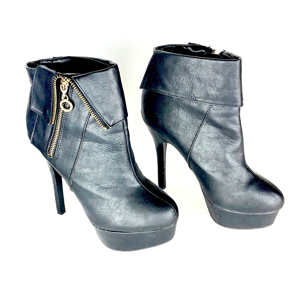 A.X.N.Y. | 🖤 Black Faux Leather Zip-Up Stiletto Platform Heels Ankle Boots - Picture 3 of 12